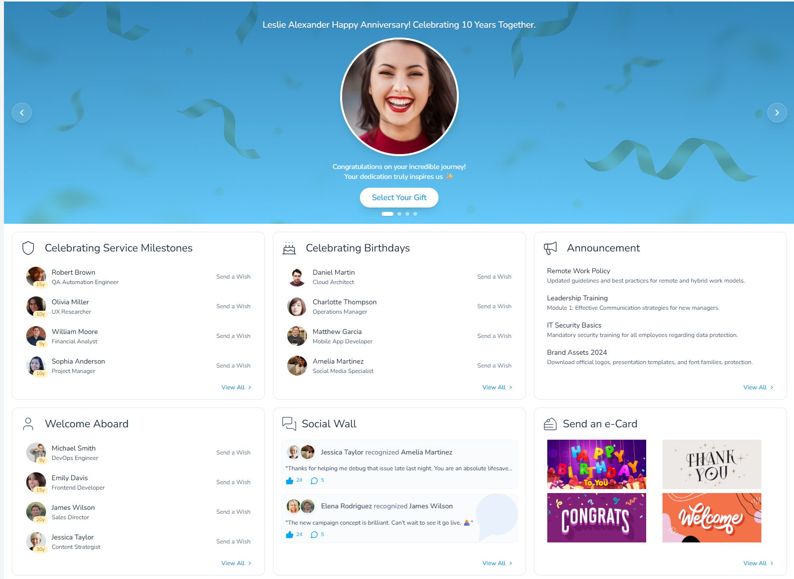 Workzia celebrations and moments dashboard